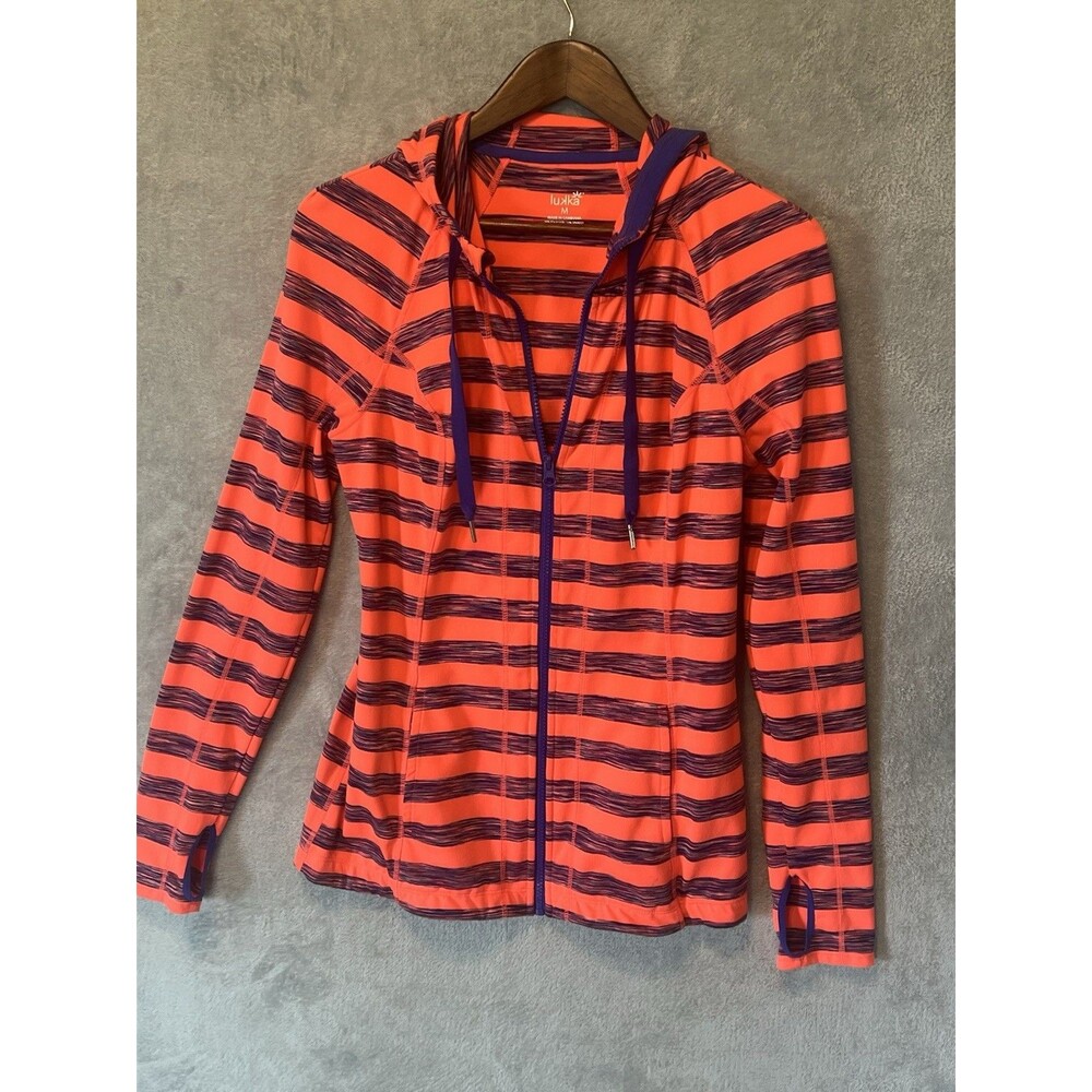 Lukka Hoodie Women Med Jacket Full Zip Striped Thumbholes Stretchy Salmon/Blue